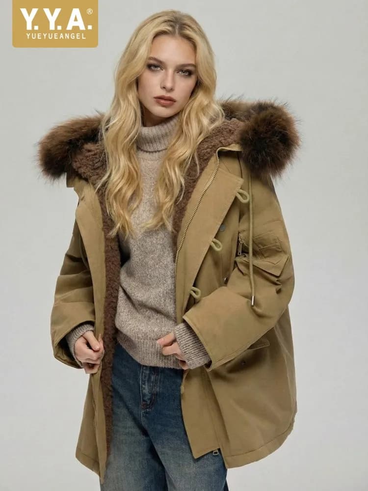 Women Winter Thick Warm Mid Long White Duck Down Jacket Raccoon Fur Collar Hooded Overcoat Vintage Outwear Loose Fit Work Coat