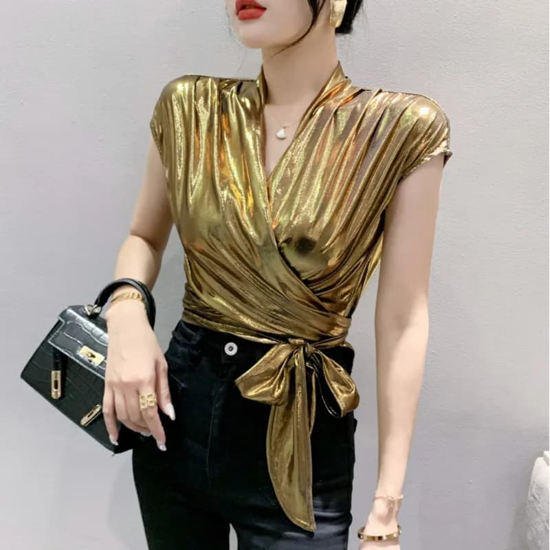 Street Wear Oro Argento Verde Shinny Camicetta a maniche corte Donna Camicia corta irregolare sexy avvolgente Fasciatura femminile Top estivi