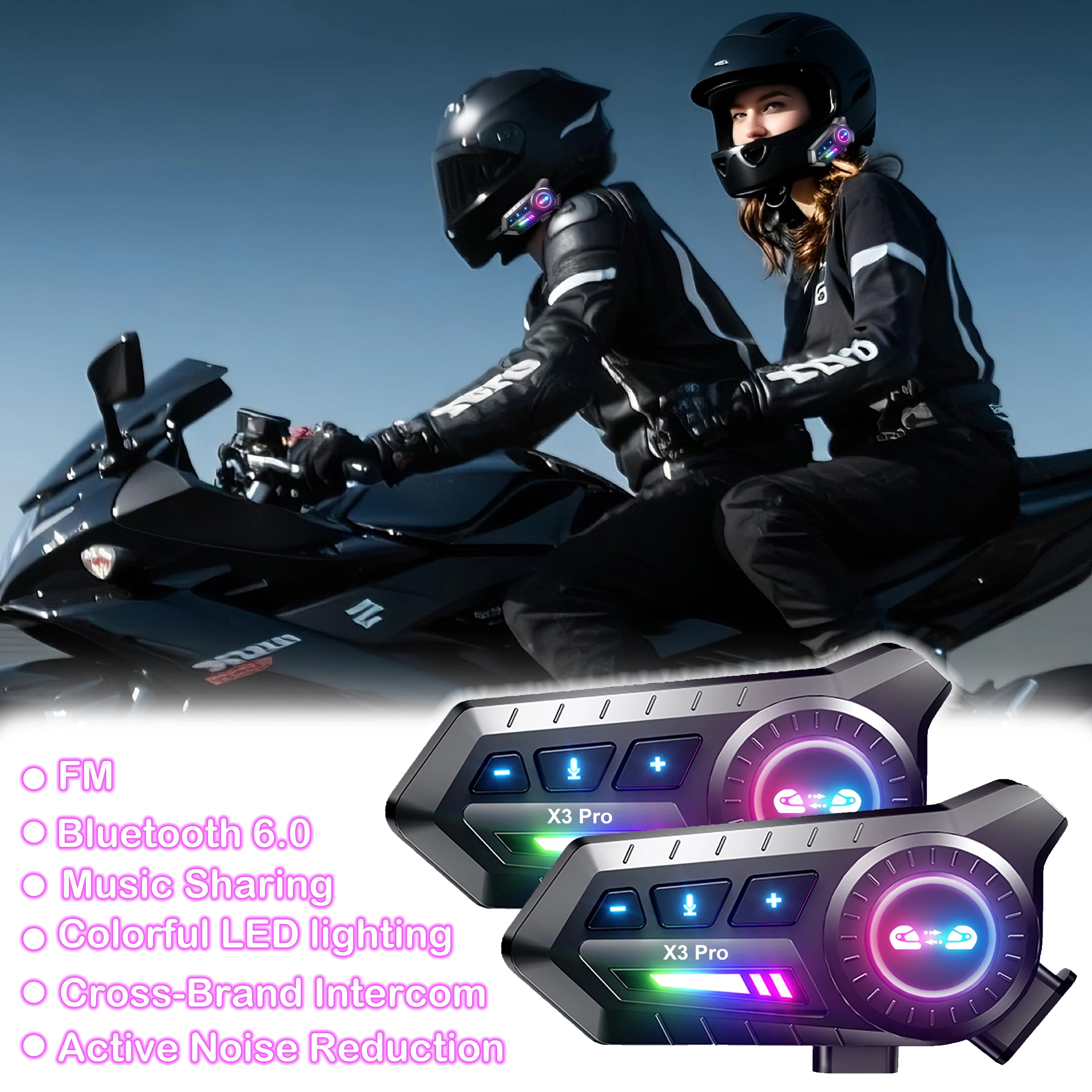 Cuffie e casco interfono Bluetooth Supporta interfono di marca transversale Impermeabile per condivisione di musica Riduzione del rumore Fm Bluetooth 6.0