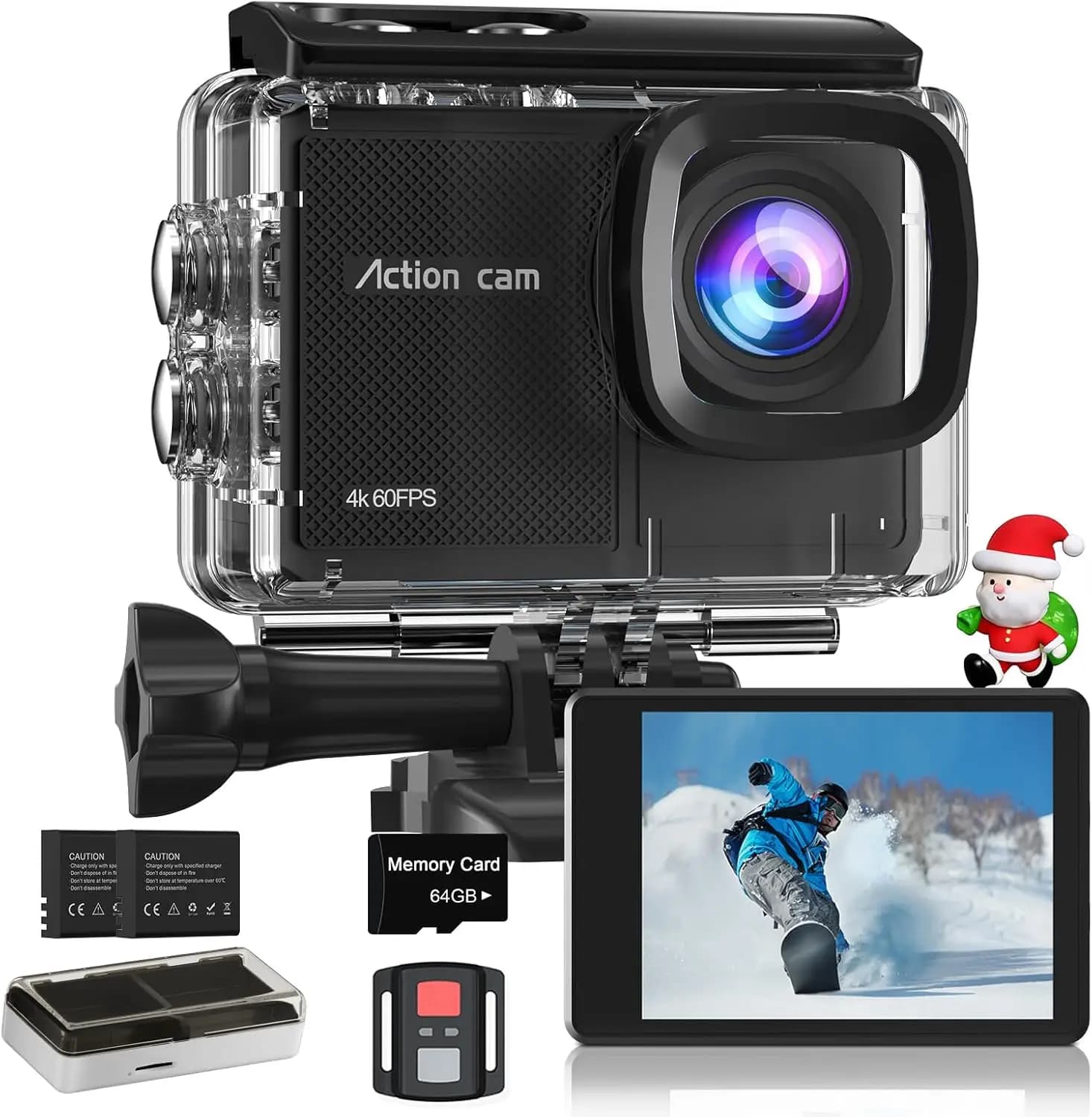 4K 60FPS Waterproof Action Camera with 64GB Card, 48MP, EIS Stabilization, WiFi, Remote Control