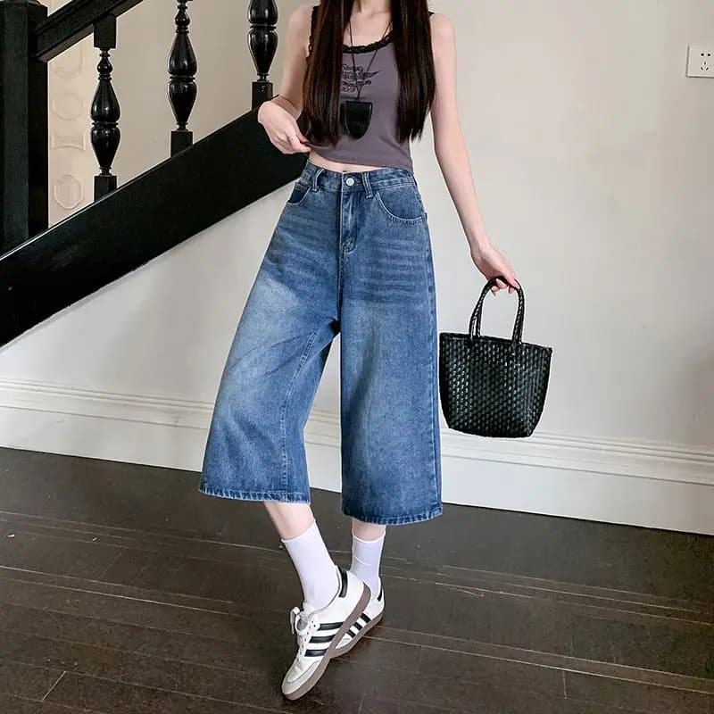 Retro High Waist Loose Wide Leg Color Block Denim Jeans Women Summer 2026 New Casual Straight Loose Seven Inch Middle Pants