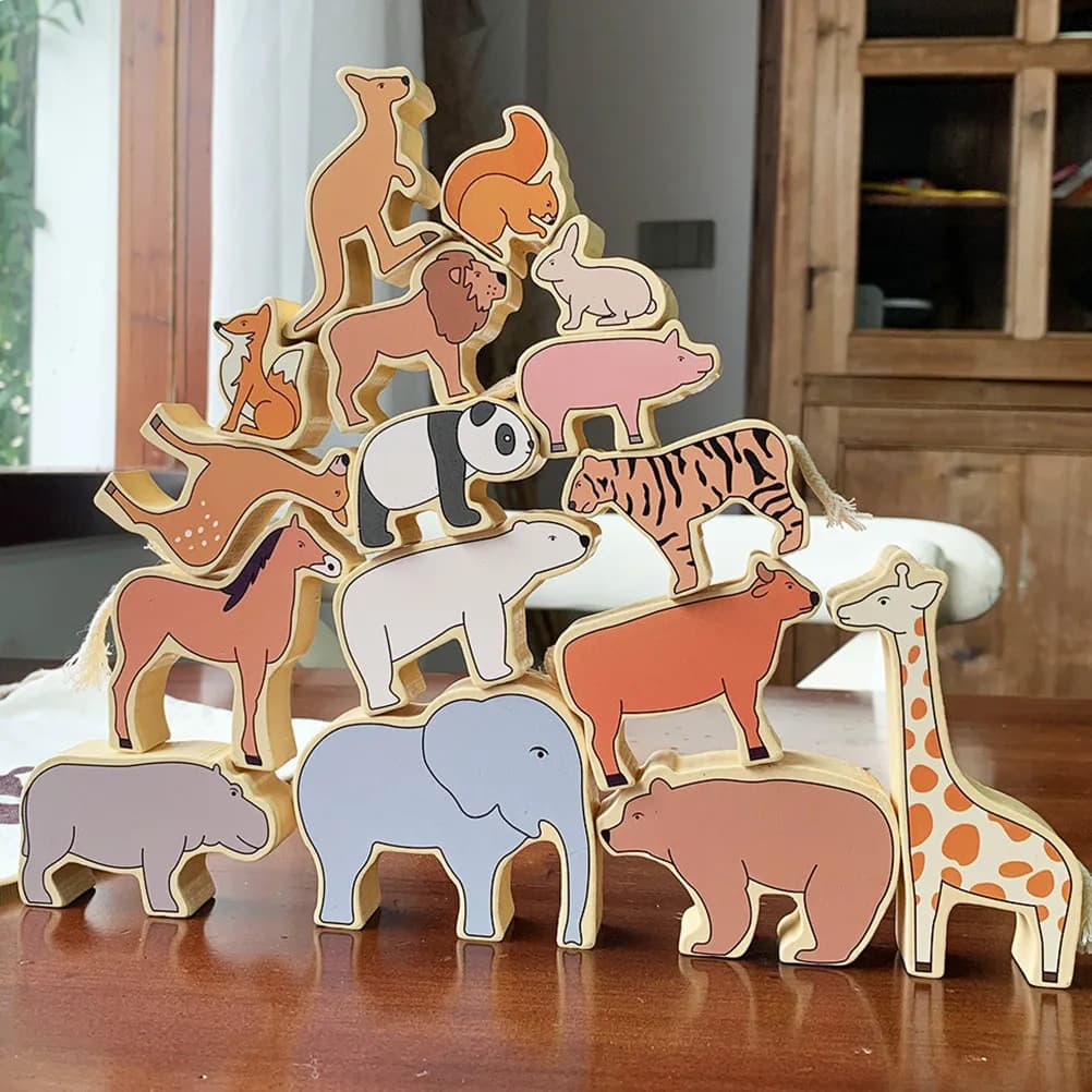 1 set di blocchi a forma di animali dello zoo, impilabili in legno, portatili, colorati, educativi, per l'apprendimento precoce dei bambini, divertenti e interattivi, regalo di compleanno