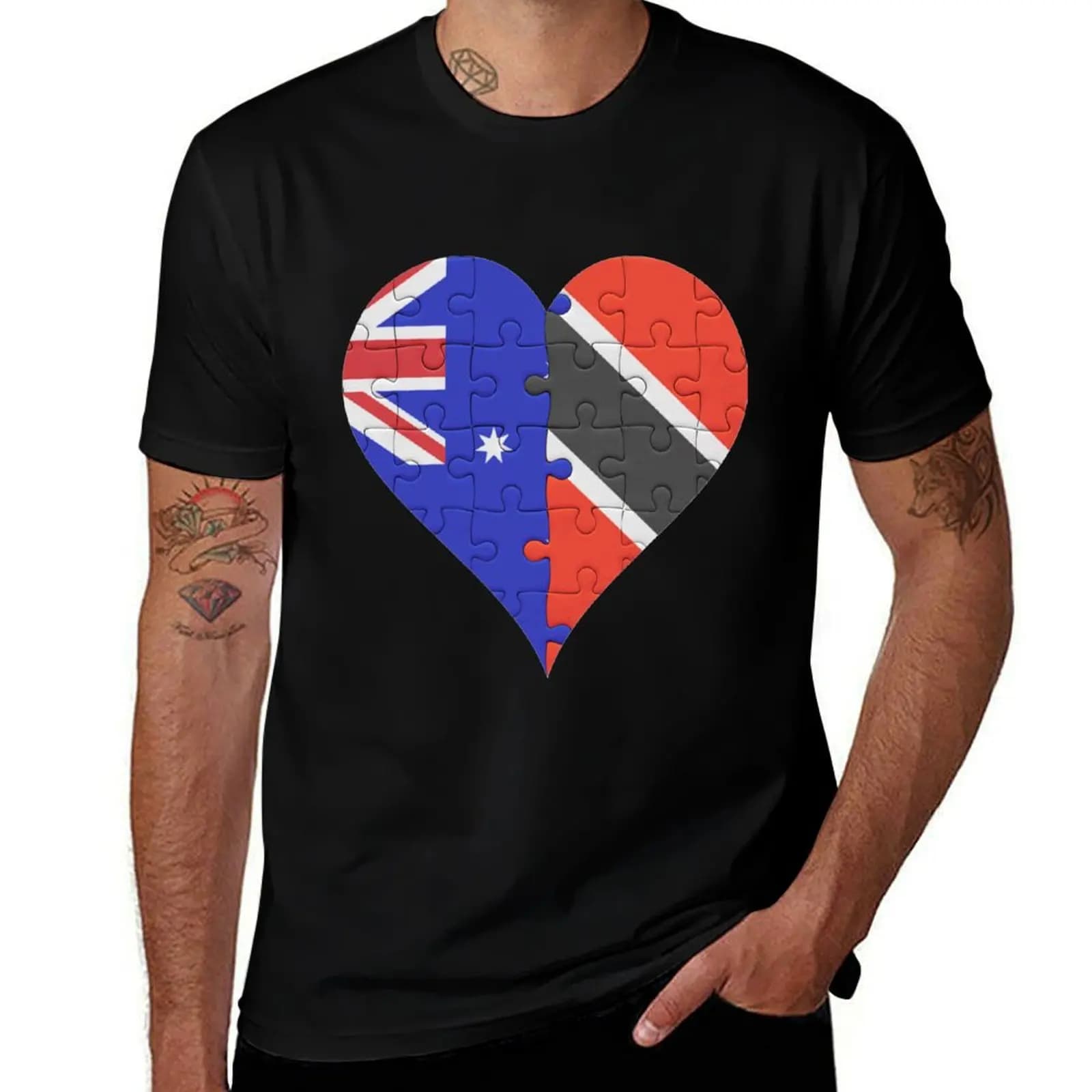 Design del puzzle con bandiera australiana, trinidense e tobagasana, con cuore unito che rappresenta entrambi i paesi di Australia e Trinidad, maglietta.