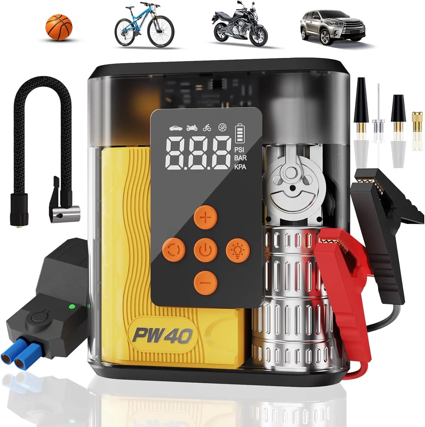 Avviatore di emergenza 4000A con compressore d'aria, gonfiatore di pneumatici da 200 PSI per motori diesel fino a gas da 9,0 litri/8,0 litri, luce LED, porte USB