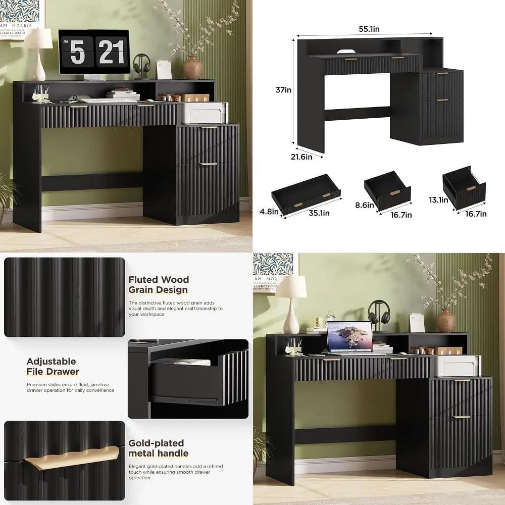Fluted Computer Desk with Power Outlets, Home Office Desk with Drawers, Printer Stand, Wood Computer Desk with Long Monitor Sta