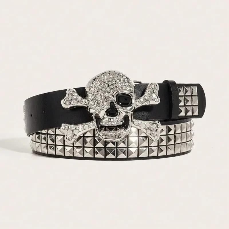 Cintura da uomo punk scuro con fibbia a teschio e rivetti, versatile e decorativa, per jeans