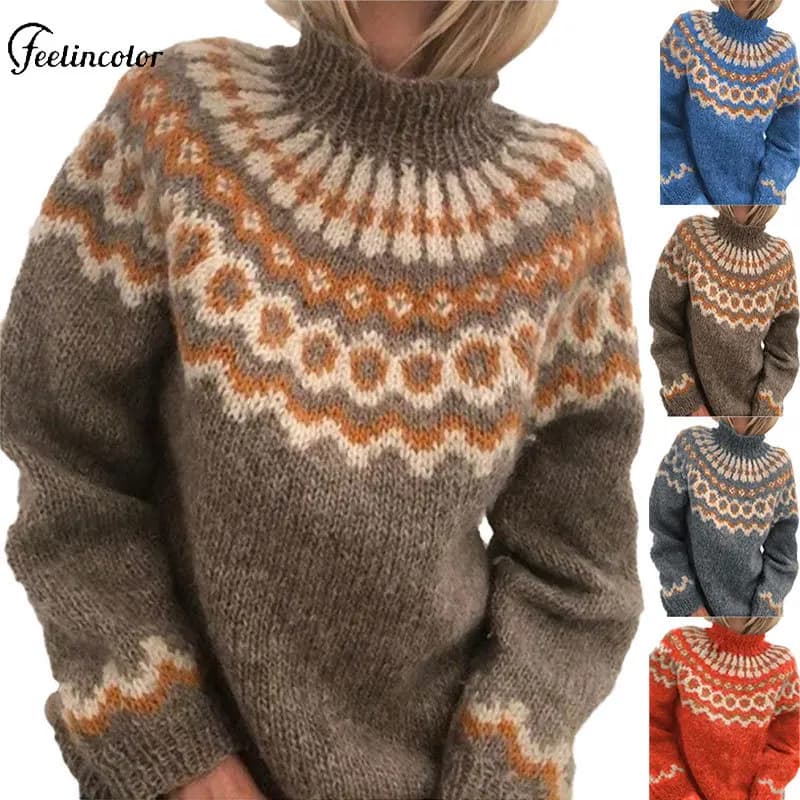 Maglione da Donna con Motivo Geometrico, Pullover Jacquard a Maglia Spessa, Maniche Lunghe, Top Lavorato a Maglia, Collo Alto, Abbigliamento Autunno Inverno