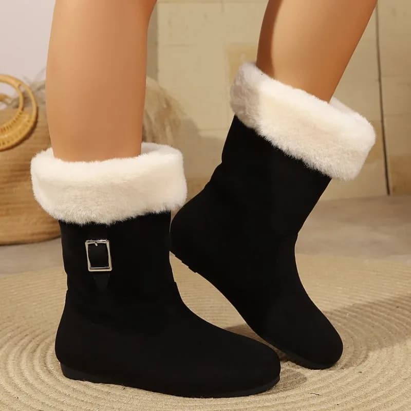 Winter Women's New Fashion Retro Style Buckle Strap Mid-Calf Boots Round Toe Solid Color Warm Comfortable Short boots
