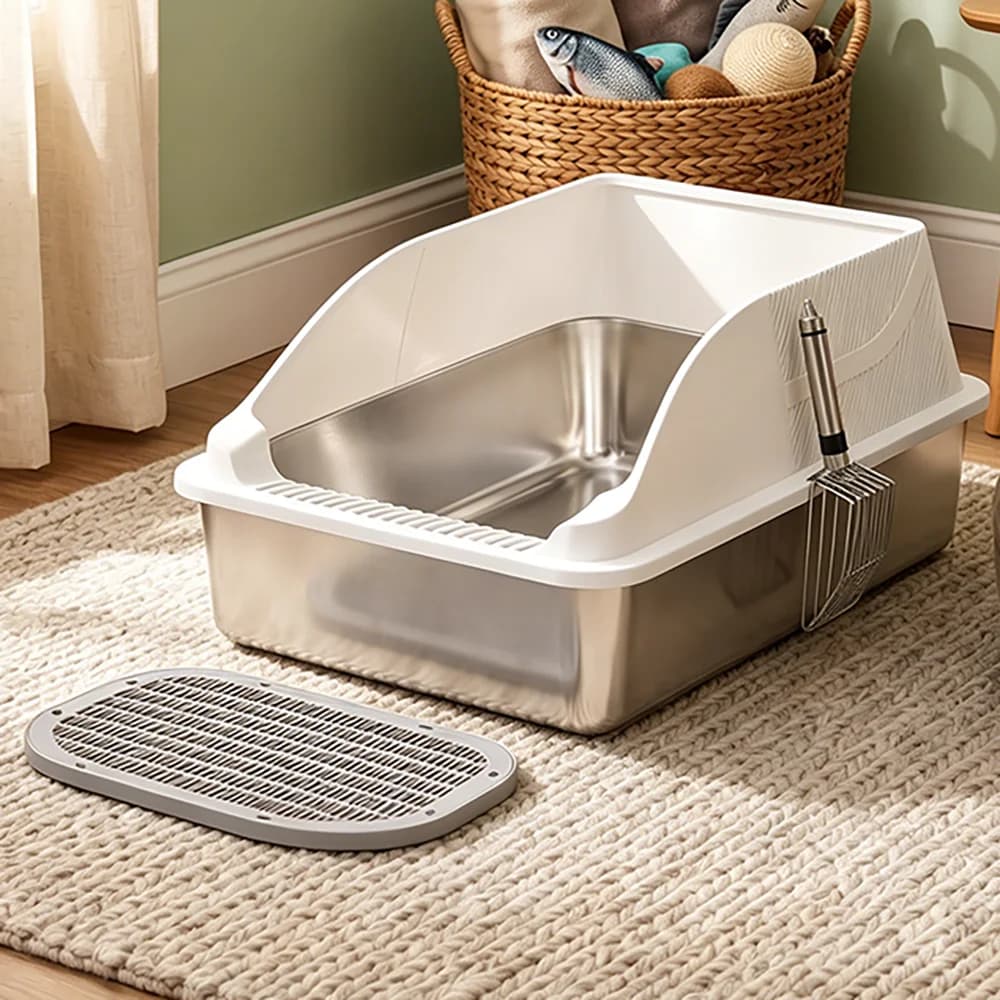 OEM Large 20L Open Top Stainless Steel Cat Litter Box Eco-Friendly Non-Stick Easy Clean High Side Shield Mat for Indoor Cats