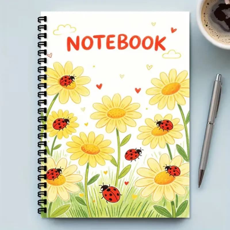 A5 Spiral Notebook Cute Yellow Daisy Ladybug Print Office Stationery Daily Planner Birthday Gift for Animal Enthusiasts Suitable