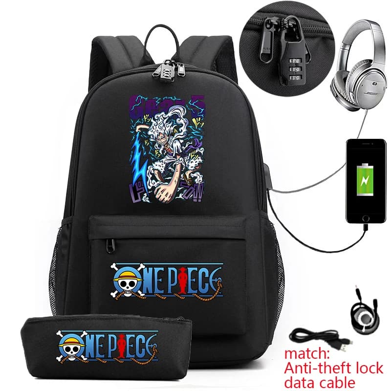 Anime Luffy Print Student Bookbag Anti-Theft Shoulder Bag for School with Pencil Case Set Boys Girls Casual Rucksack