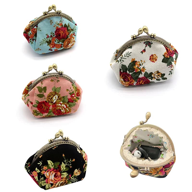 Wallet Women Vintage Rose Printed Canvas Purse Kiss Lock Clip Coin Card Small Storage Bag