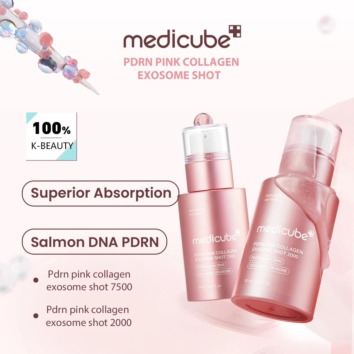 Medicube PDRN Colagene Rosa Esosoma Shot, Liquido Trasparente Rosa, Leggero e Assorbente Veloce, Due Versioni, K-Beauty, Trucco Coreano