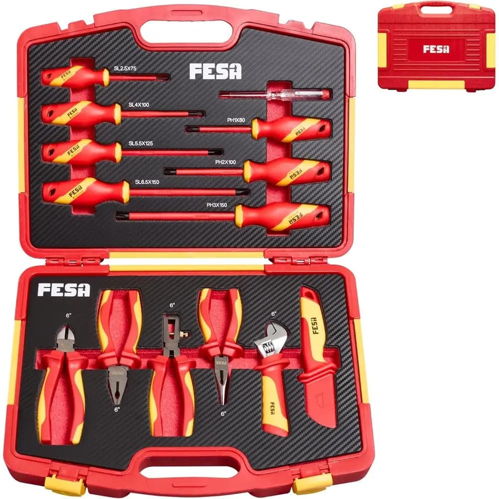 Set di Utensili Isolati per Elettricisti - Set da 14 Pezzi Isolati per 1000V con 7 Cacciaviti Isolati, 1 Tester di Tensione, 4 Isolatori