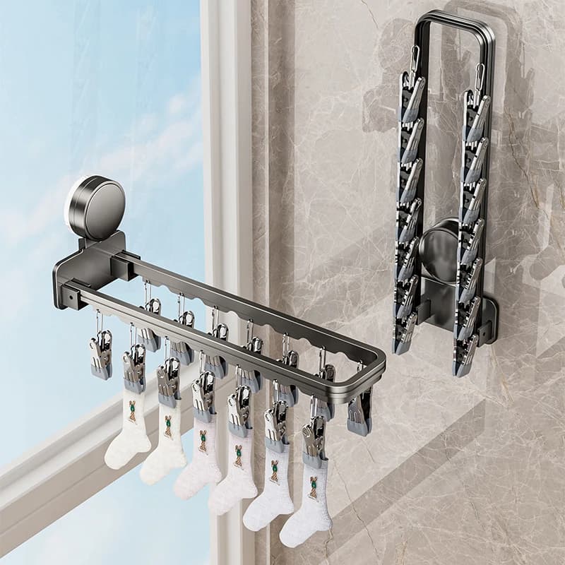 Suction cup rack for wall mounting for socks, underwear, folding, 14 clips, for domestic use, hotel laundry, camper, children's clothes, towel rack