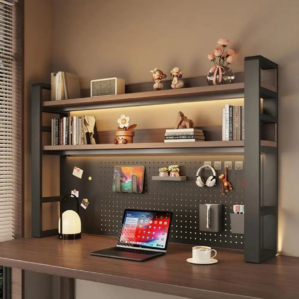 Organizer da scrivania regolabile con pannello forato e spazio di archiviazione, adatto per dormitorio o ufficio, nero e marrone, 61x9,8x36,6 pollici
