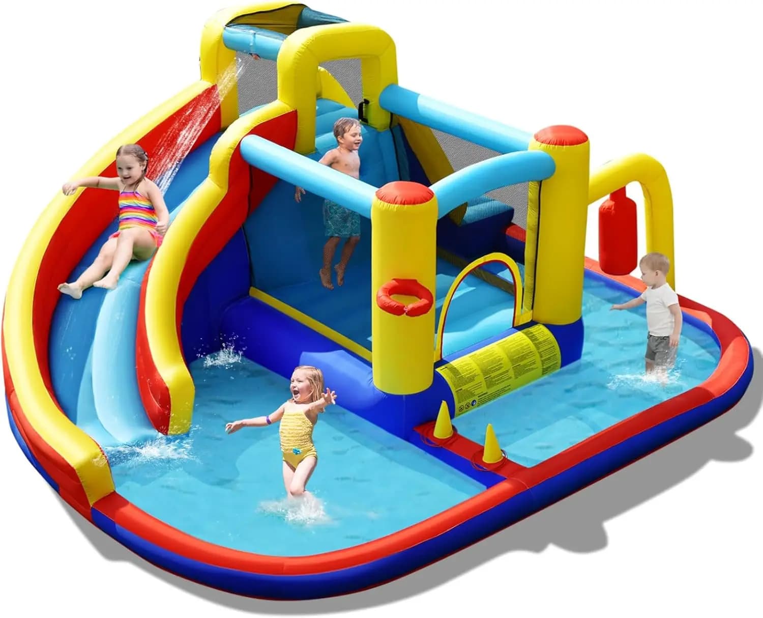 6-in-1 Inflatable Water Park Bounce Castle for Kids with Two Splash Pools, Ring Toss Game, and Water Slides – Outdoor Backyard Party Gift for Boys and Girls