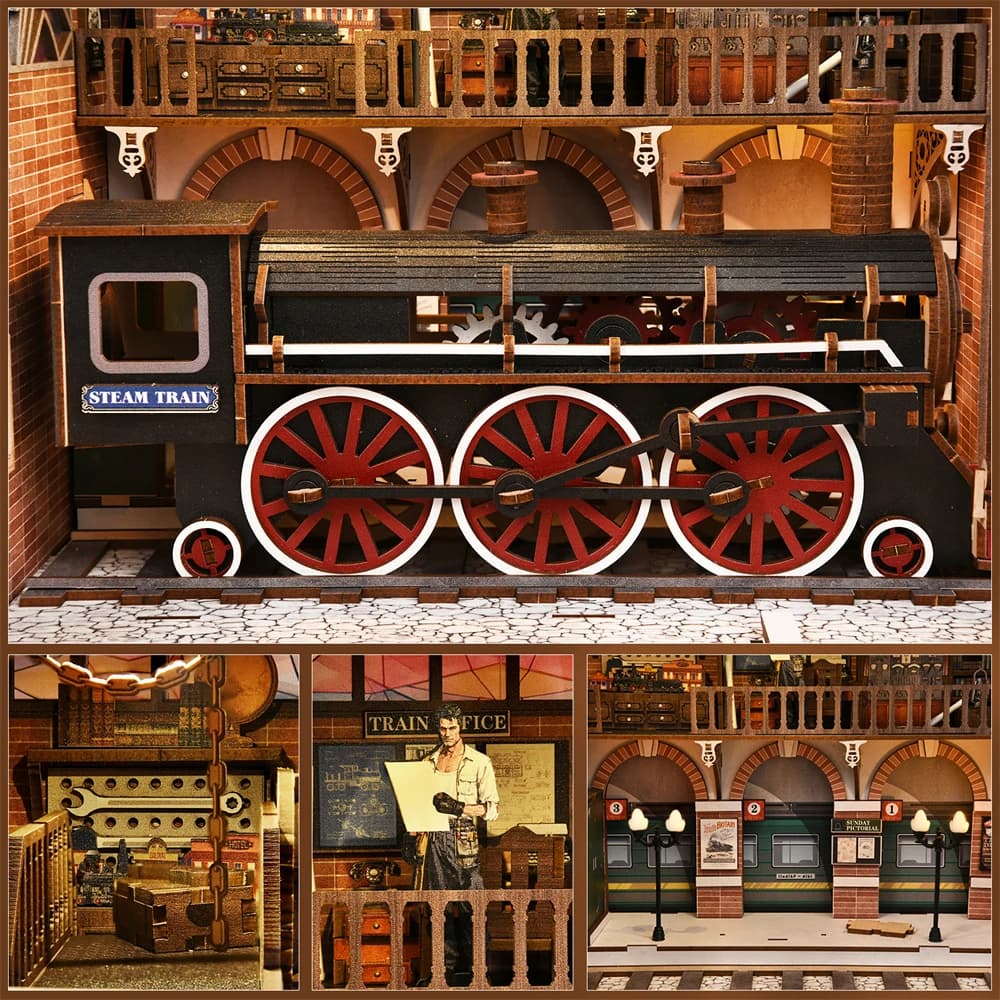Book Corner Kit Tram Wooden Puzzle Retro 3D DIY Shelves Handmade Shelves Doll House Model Dolls Stops Construction Home Decoration