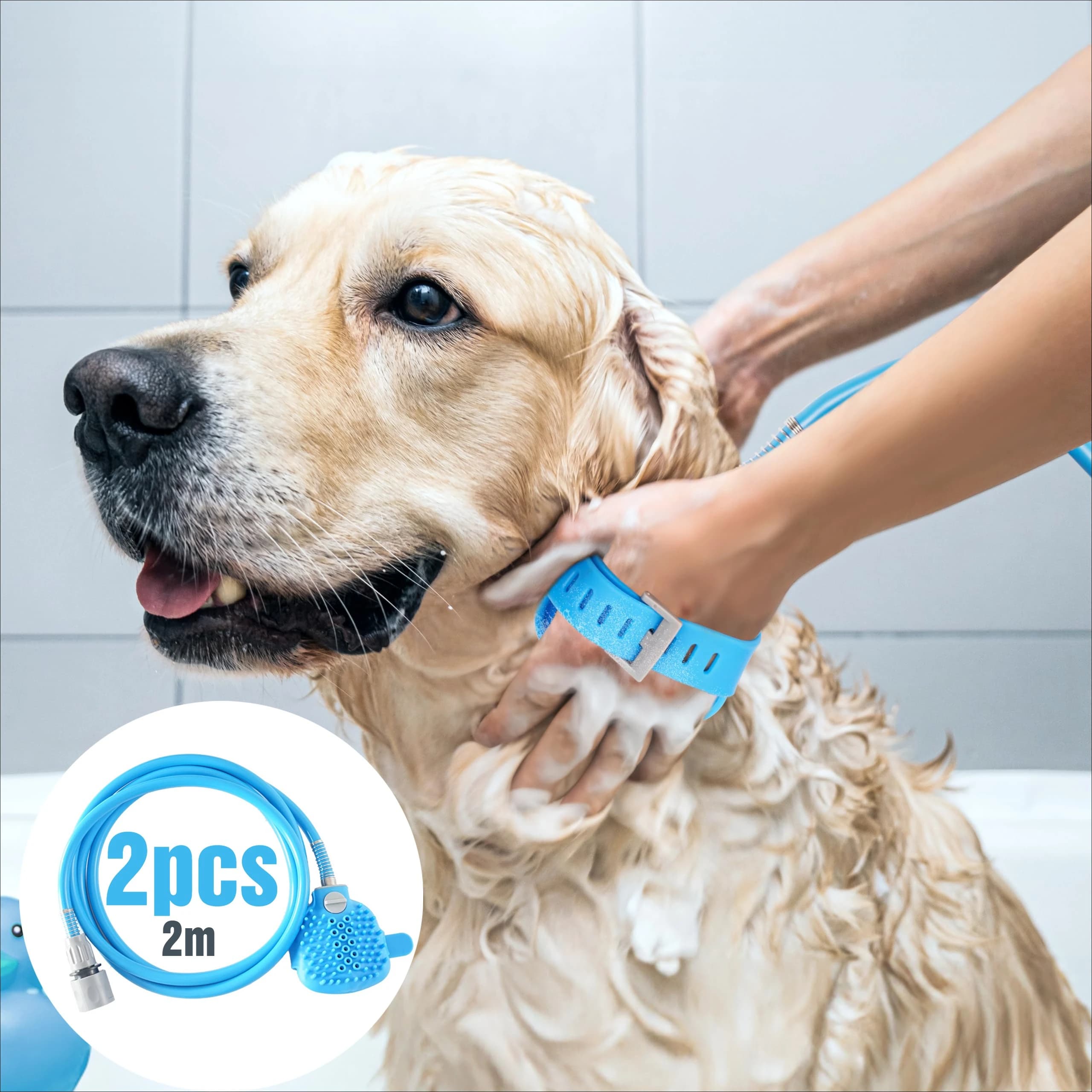 Soffione doccia per toelettatura animali domestici da 2 pezzi con spazzola per shampoo per tubi da 2 m per il bagno di cani dai capelli corti e lunghi risolve efficacemente le macchie di odori