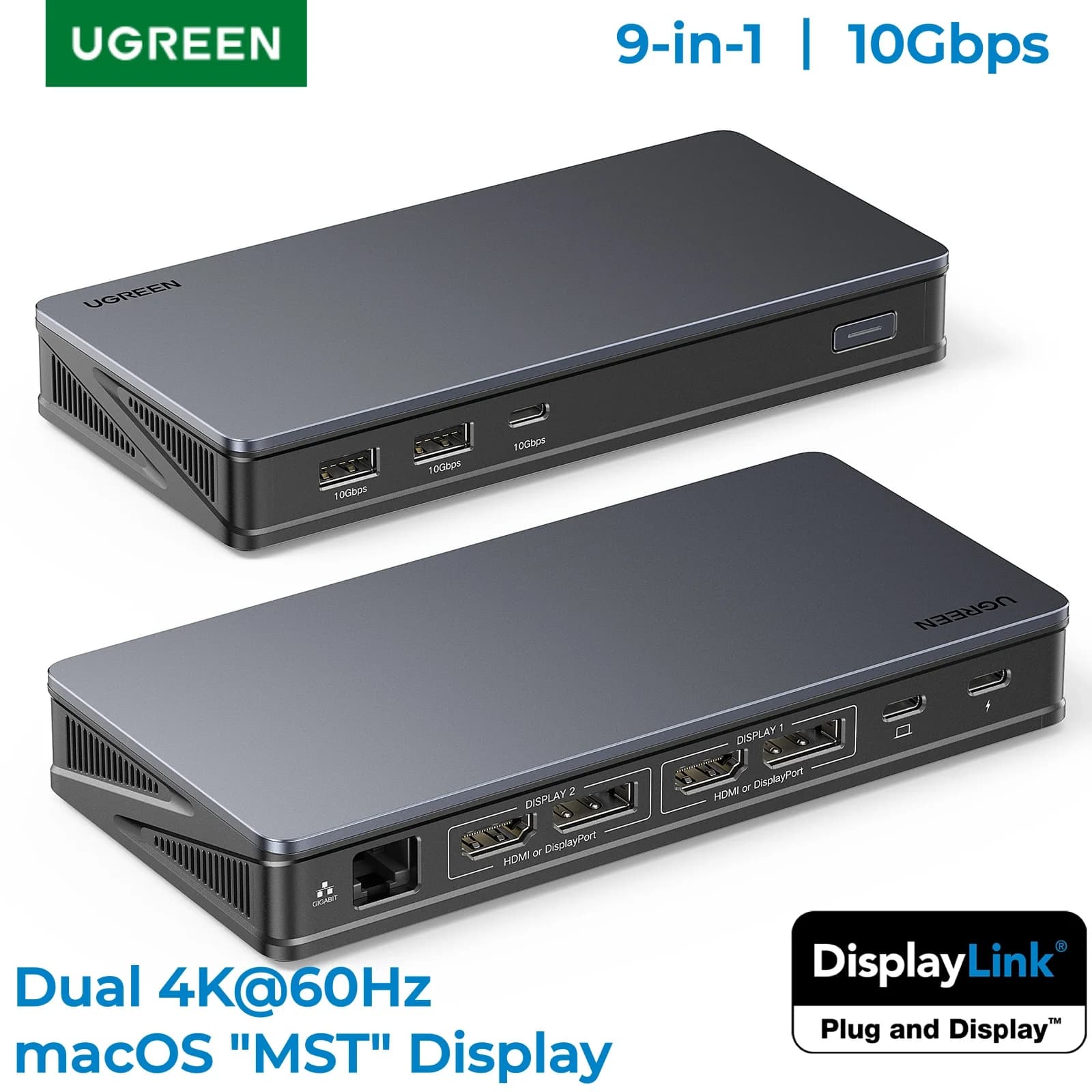 UGREEN USB C HUB Docking Station DisplayLink 9-in-1 2DP 2HDMI Dual 4K@60Hz for MacBook Windows 10Gbps PD100W Gigabit RJ45 Ports