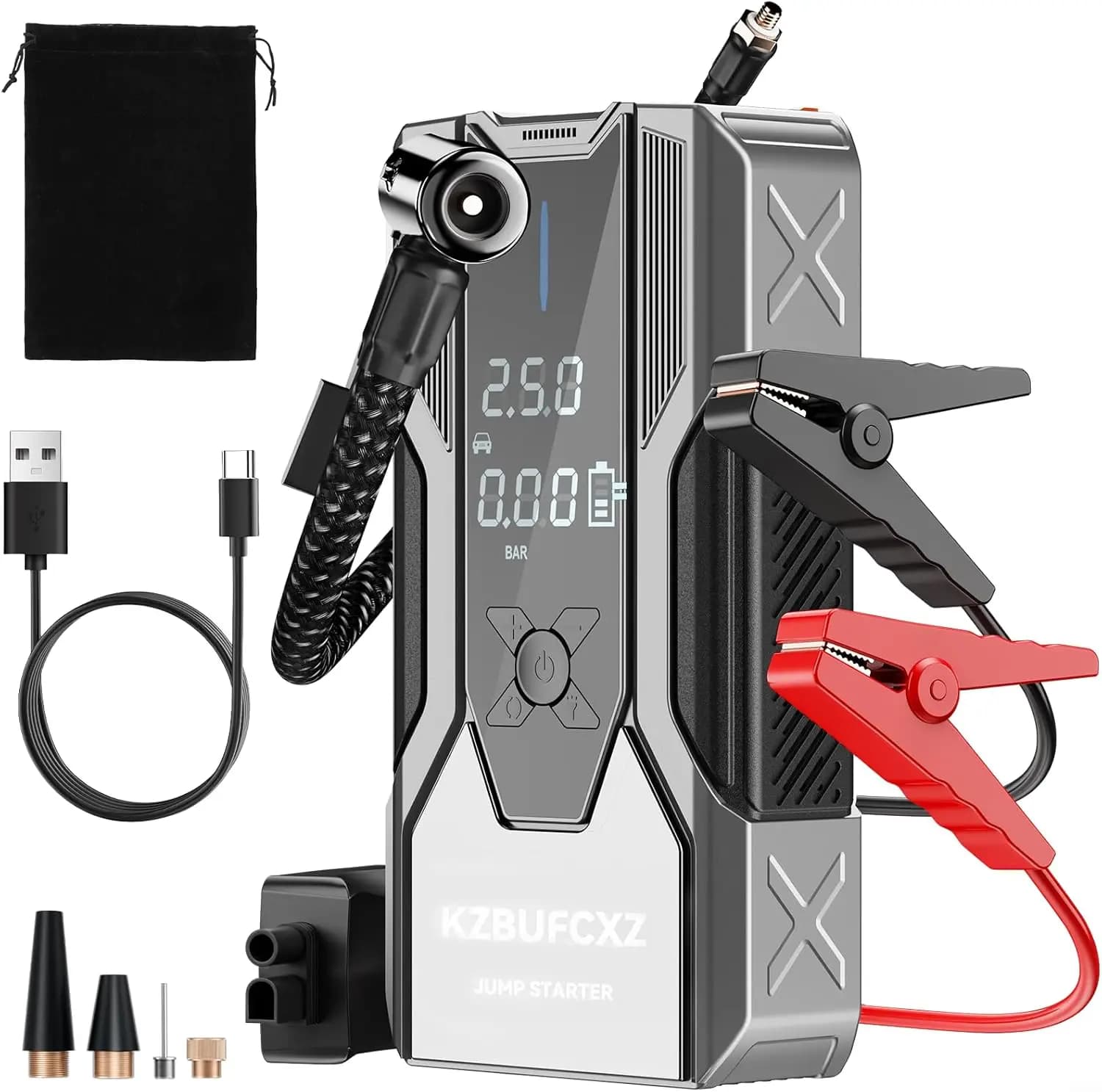Avviatore di emergenza con compressore d'aria, 26800 mAh, picco 4000 A, gonfiatore per pneumatici 150 PSI, luce LED da 65 W, cavi intelligenti per auto, SUV, camion