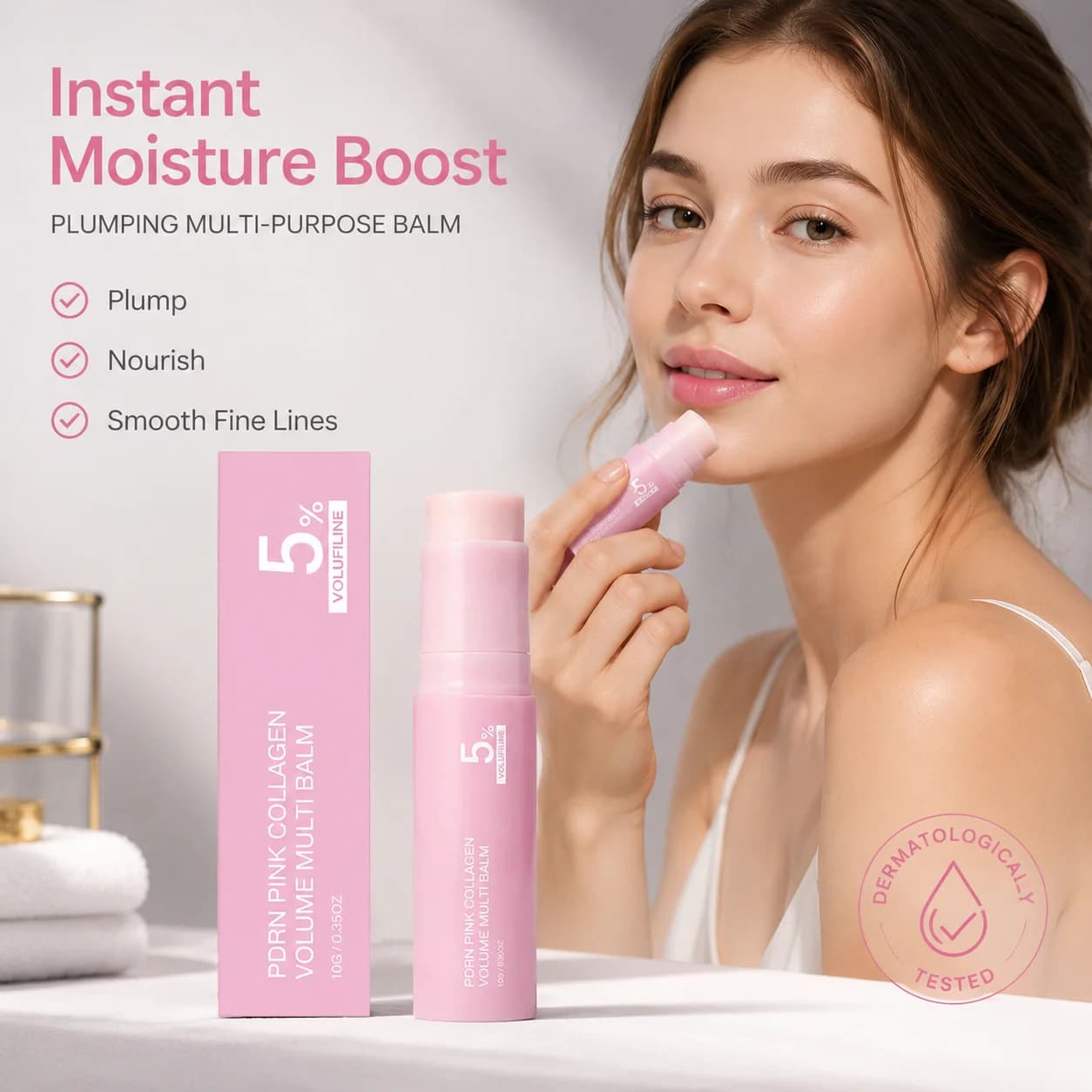 Pink Collagen Balm Stick 5% Volufiline Multi Use Moisturizer Hydrating Plumping Face Lip Body Daily Beauty Skincare Care