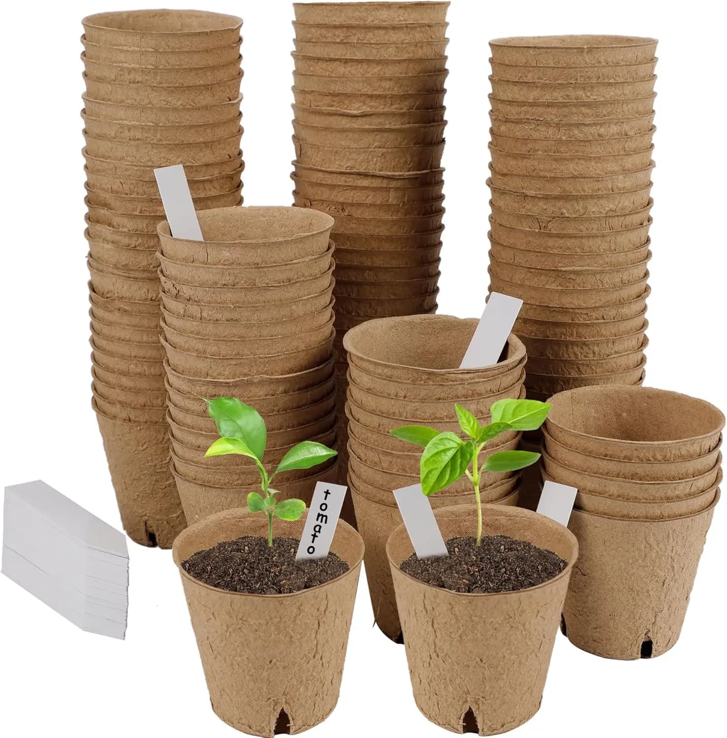 Confezione da 100 Vasi Biodegradabili in Torba con Etichette per Piante, Kit Vassoio per Semina 3x3 Pollici per Fiori, Verdure e Piante Succulente