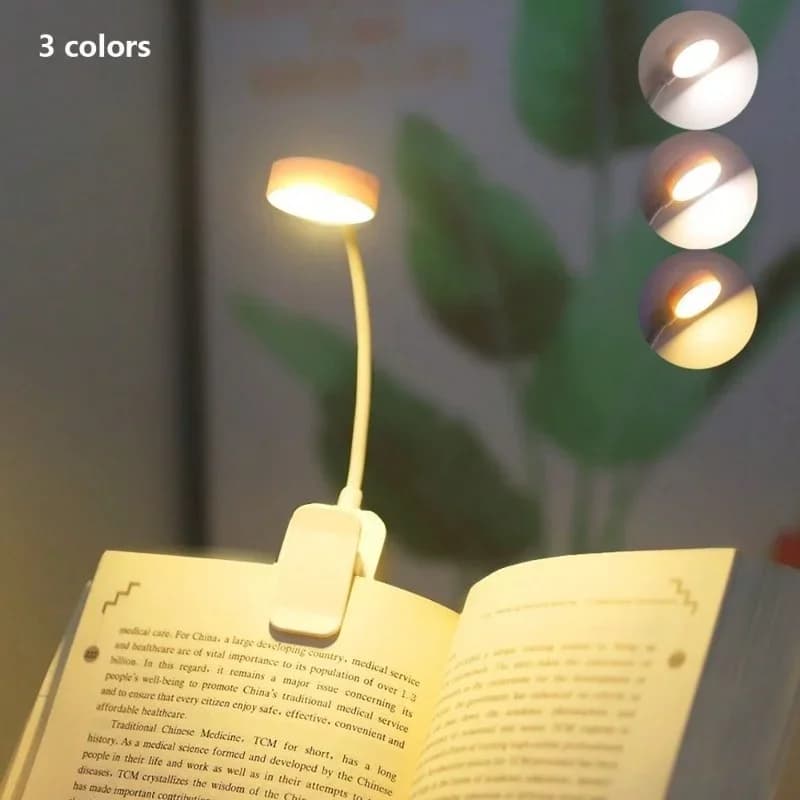 Lampada da lettura portatile a clip a LED da 1 pezzo, tre temperature di colore, lunga pressione per regolare la luminosità, guscio bianco, batteria non inclusa