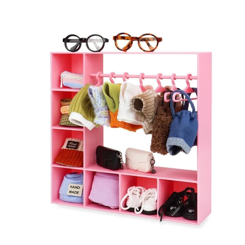 Large Capacity Doll Clothes Cabinet with 10 hangers Portable Holders for Clothes for Figures Cute and Durable Doll Cabinet