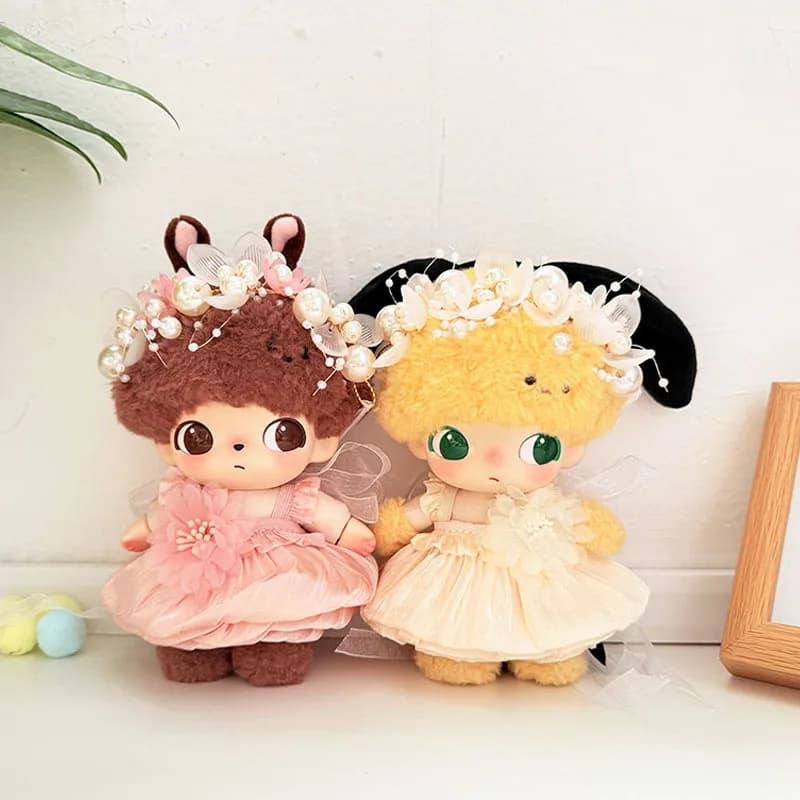 Vestiti per bambole per DIMOO e abito floreale plissettato Labubu da 15/17 cm in champagne bianco rosa con accessori per capelli di perle