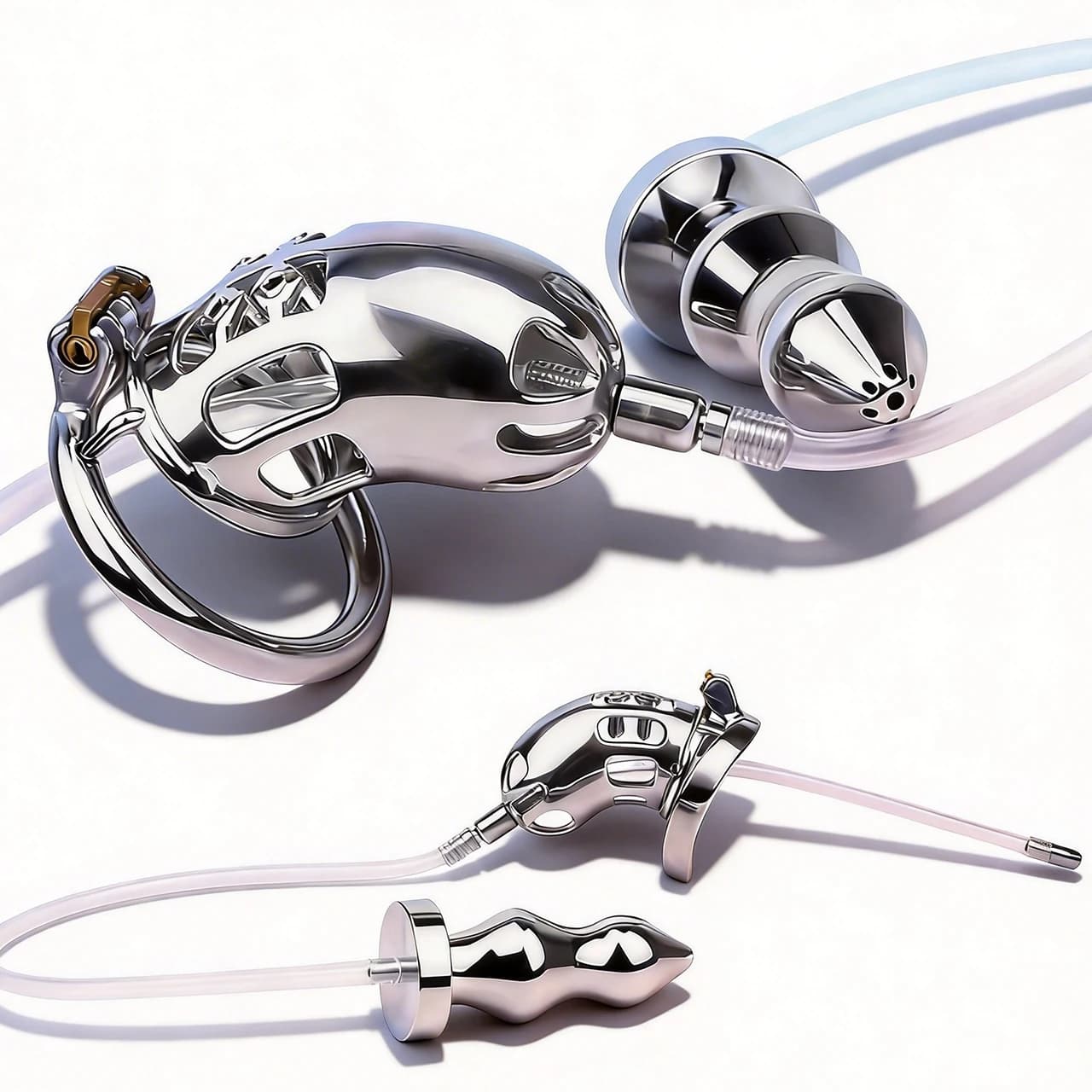FRRK Premium Curve Gabbia di Castità Maschile con Anello Blocca Pene, Catena a Sfere da 3 Pollici, Plug Anale in Lega di Alluminio, Strumento per la Pulizia, Giocattolo per Adulti