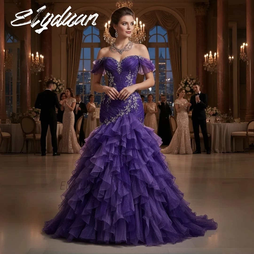 Elegant Purple Mermaid Prom Dress Pleats Ruffles Tiered Skirt Long Off-Shoulder Evening Gowns Modern Reception Dress Customized