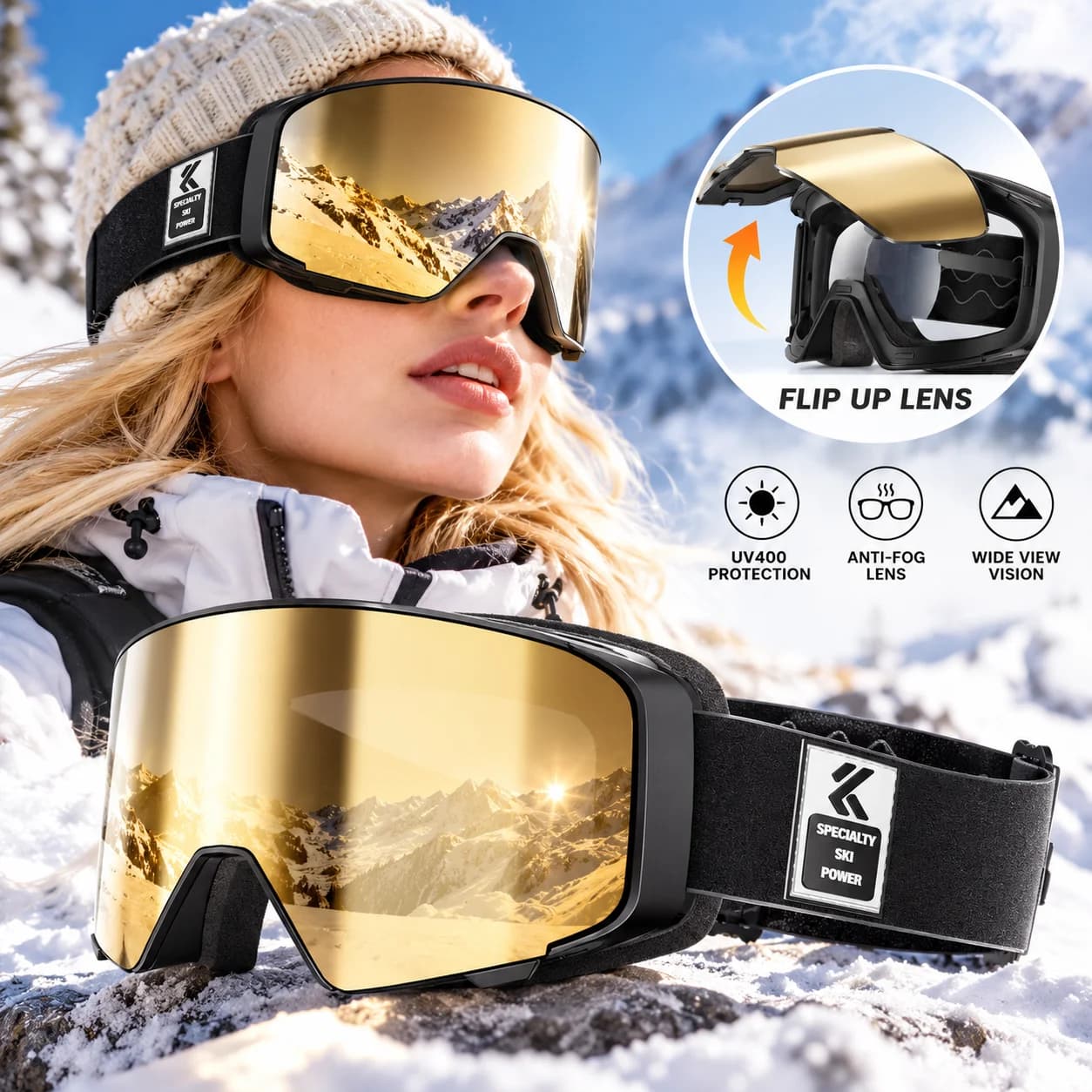 Kapvoe Anti-Fog Occhiali da neve Donna Occhiali da sci Snowboard Neve Sci Maschera Uomo Kit lenti UV400 Occhiali da motoslitta Moto
