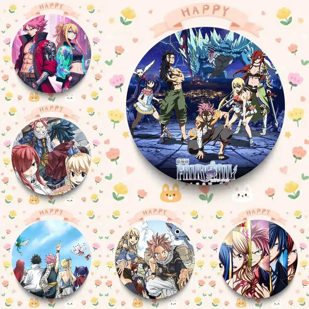 Spille smaltate rotonde in stile cartone animato Fairy Tail per decorazione zaino e accessori