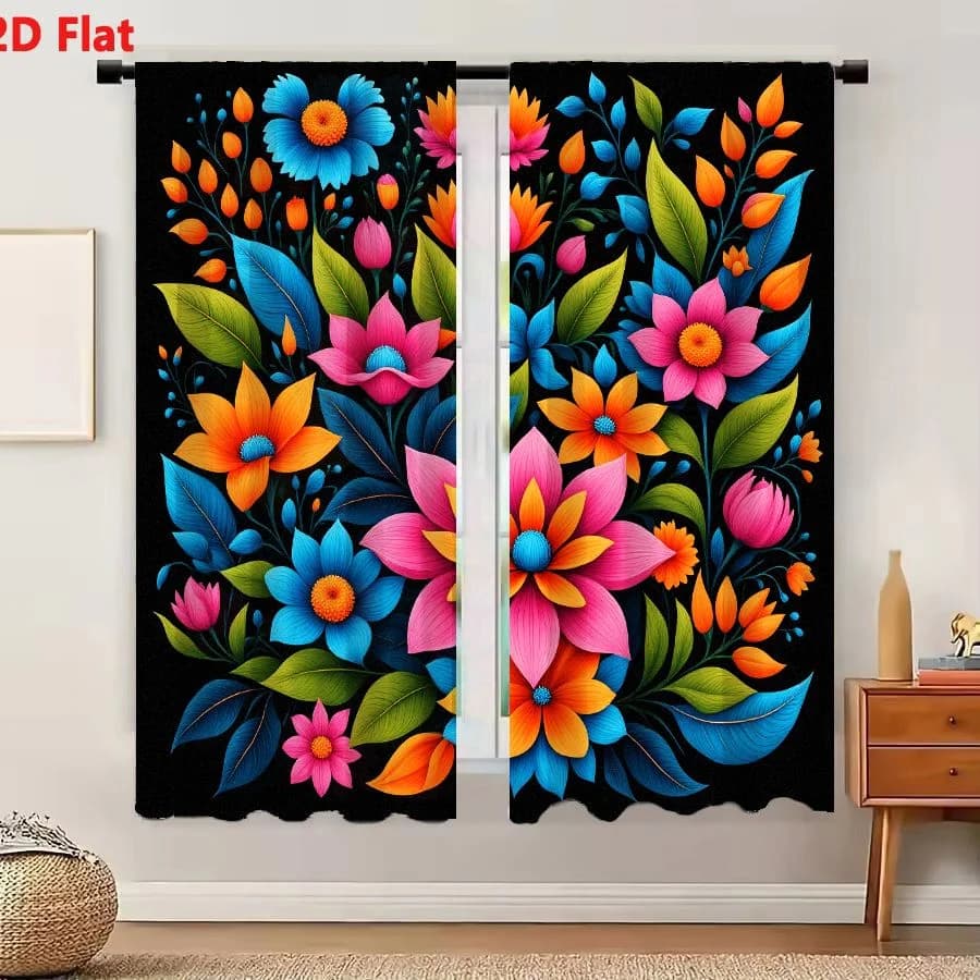 2Pcs Curtains 2D Flat Vibrant Floral Arrangement With Cyan Magenta Orange Flowers And Green Leaves On Black Background Window Dr