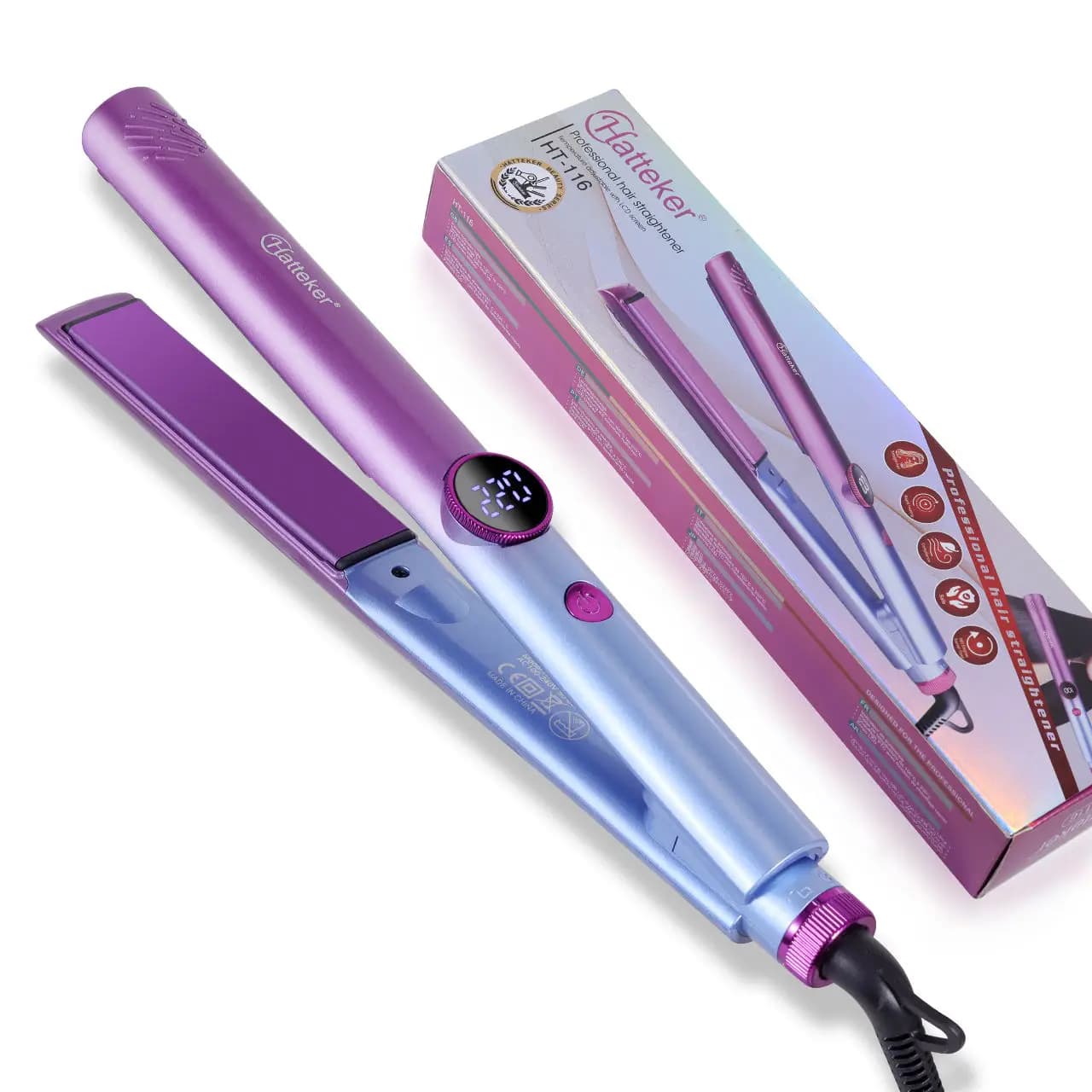 Mini styling machine with professional quick heating hair brush in flat iron with LED display