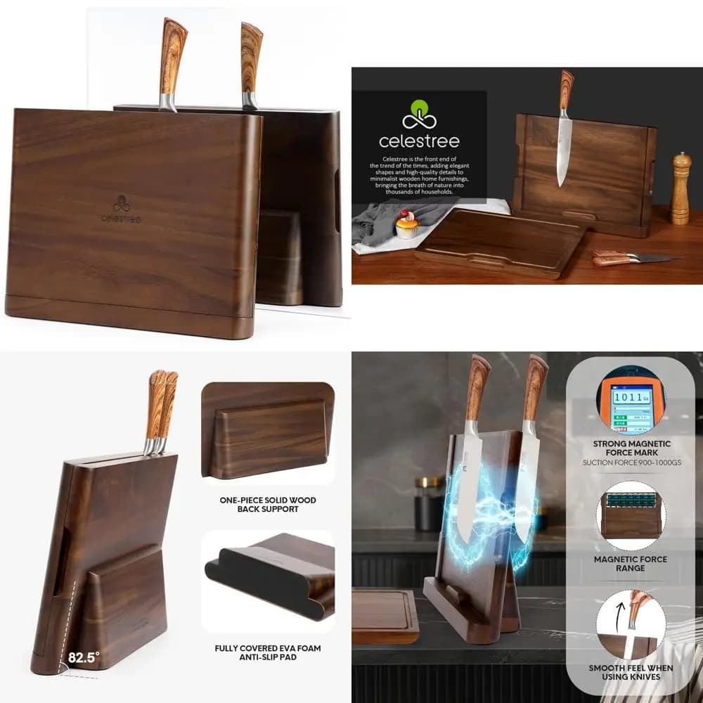 Blocco di coltelli magnetico 2 in 1 in legno di pioggia naturale premium e tagliere 16x11, squisito realizzato con l'eleganza
