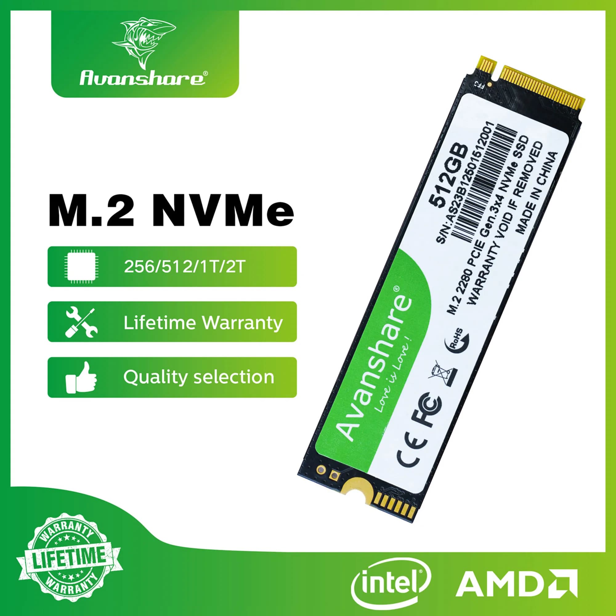 SSD Avanshare 128GB 256GB 512GB 1TB 2TB M2 NVMe PCIe3.0 M.2 2280 Disco a Stato Solido per Laptop e Desktop
