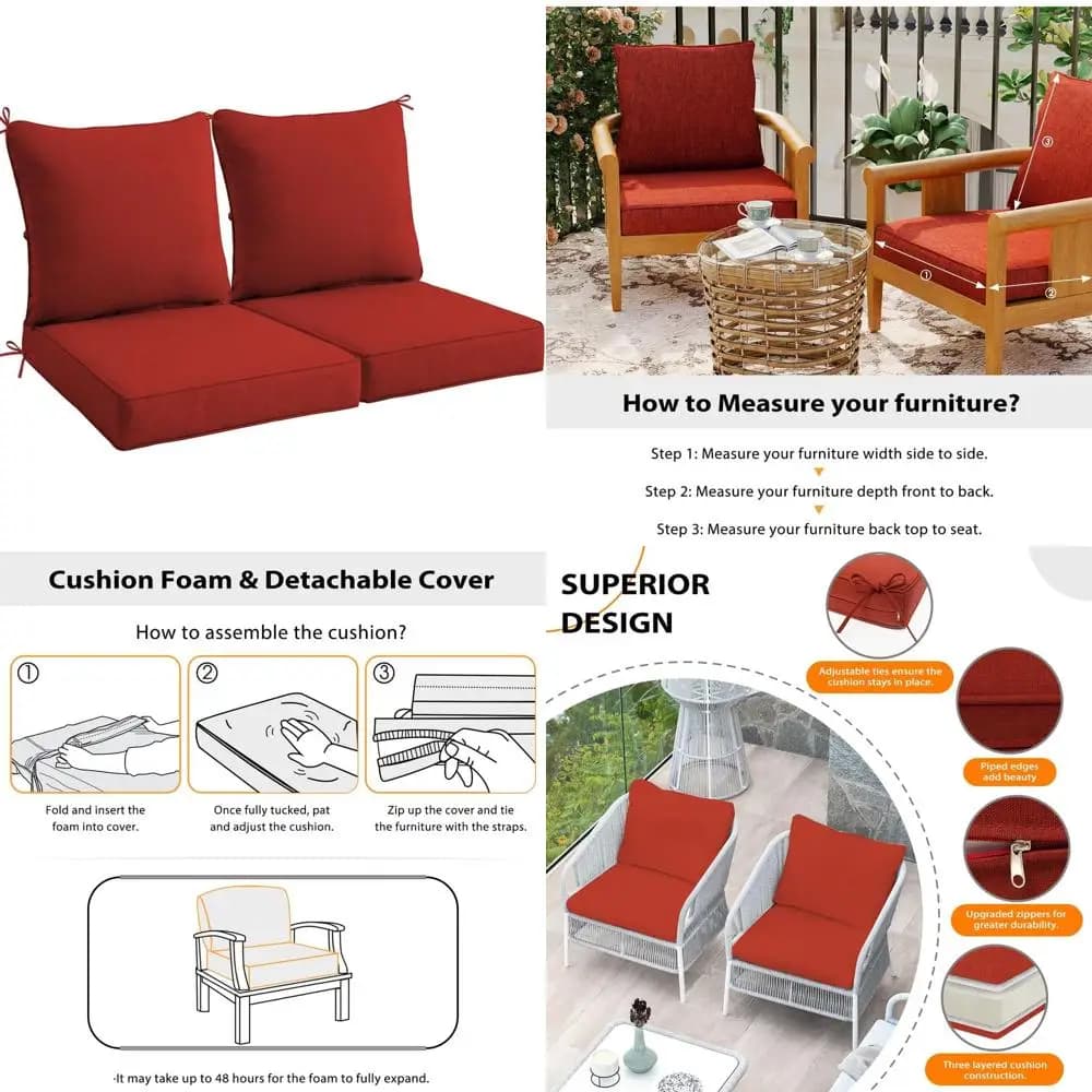 Bearing Set Garden Chair Backgrounds, 2 Pillows for Patio Chairs and Decorative Bearings, Water Resistant Padded with Straps, Red, 23x26x4 Inches