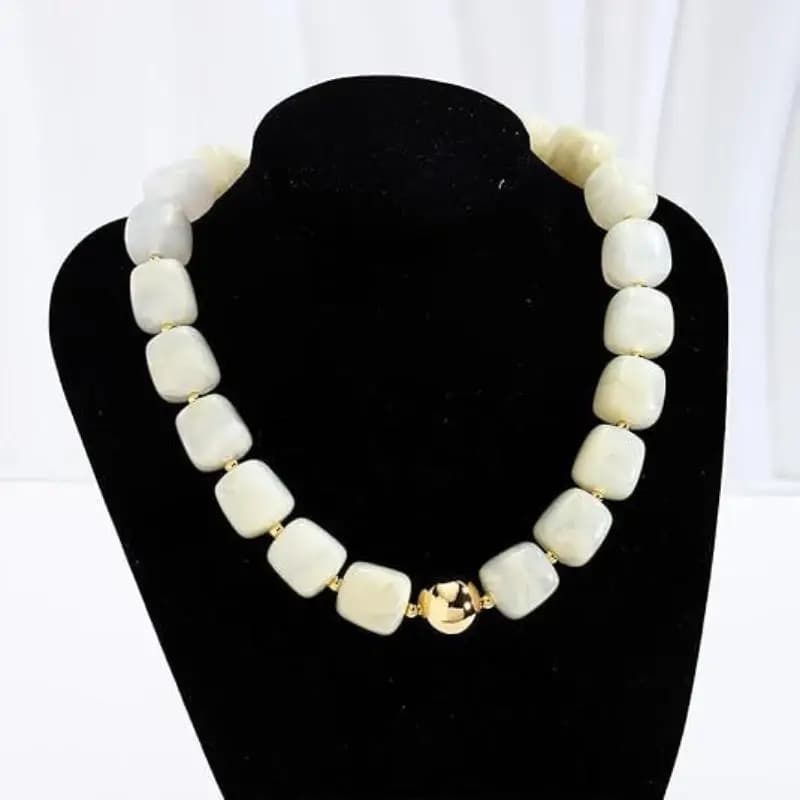 Square Resin Beaded Necklace Shiny Gold Ball Accent Waterproof Fashion Jewelry for Beach Wear Festival Party Gift for Her