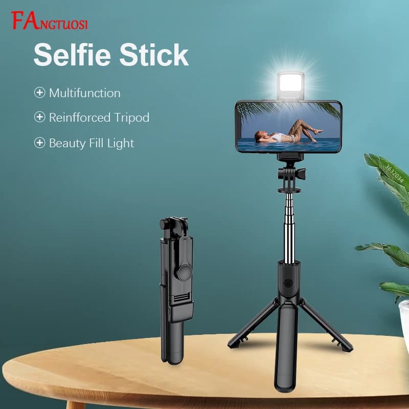 FANGTUOSI Wireless Bluetooth Selfie Stick supporto per telefono cellulare Mini treppiede portatile retrattile con otturatore remoto con luce di riempimento