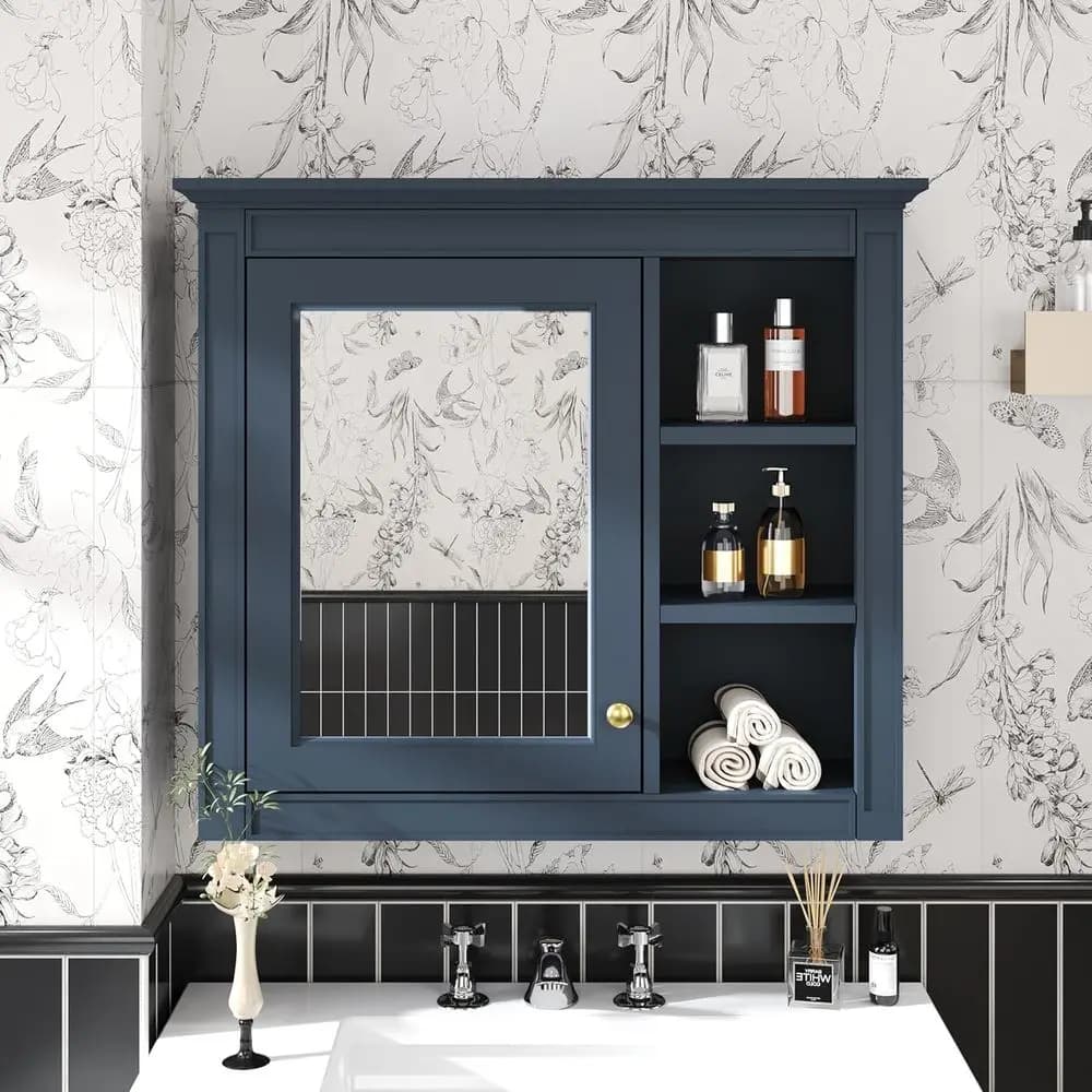 30 Wall-Mounted Blue Mirrored Cabinet with Single Door & Shelves for Bathroom Storage