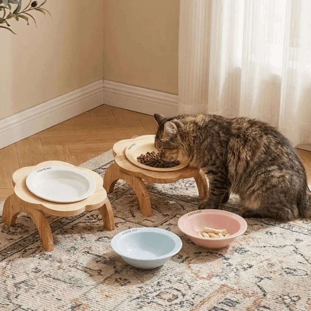 Ceramic Flower Shaped Pet Bowl Anti-Spill Non-Slip Elevated Cat Bowl with Wooden Stand Detachable Raised Cat Food Bowl