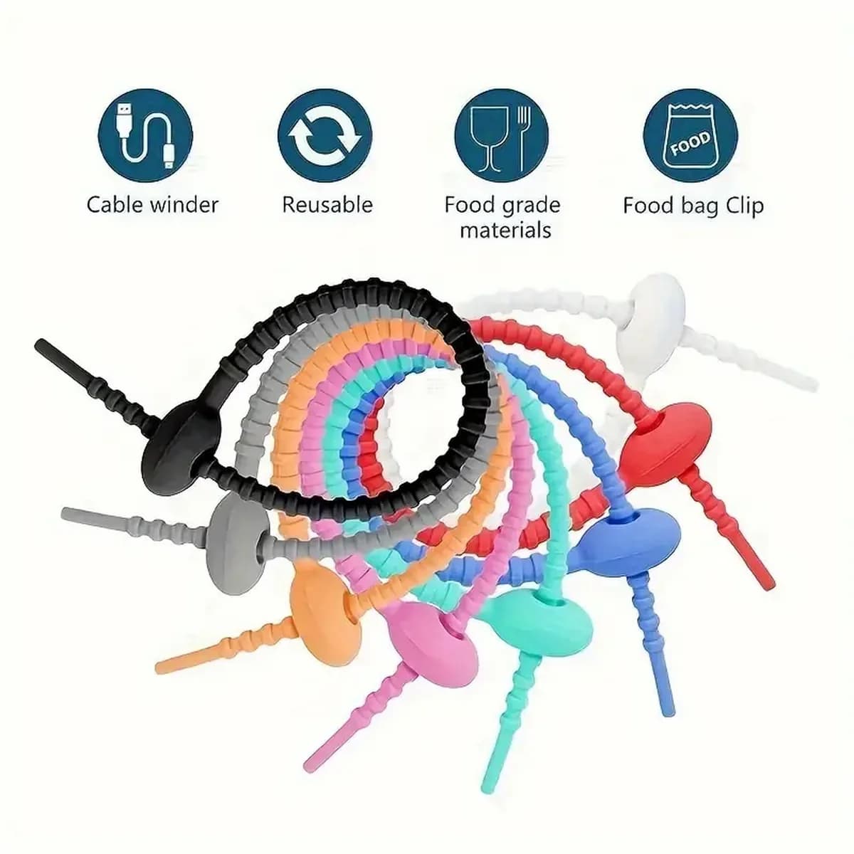Organizzatore di Cavi in Silicone Riutilizzabile, Fascette Portacavi, Clip Multifunzionale per Borsa, Clip per Alimenti