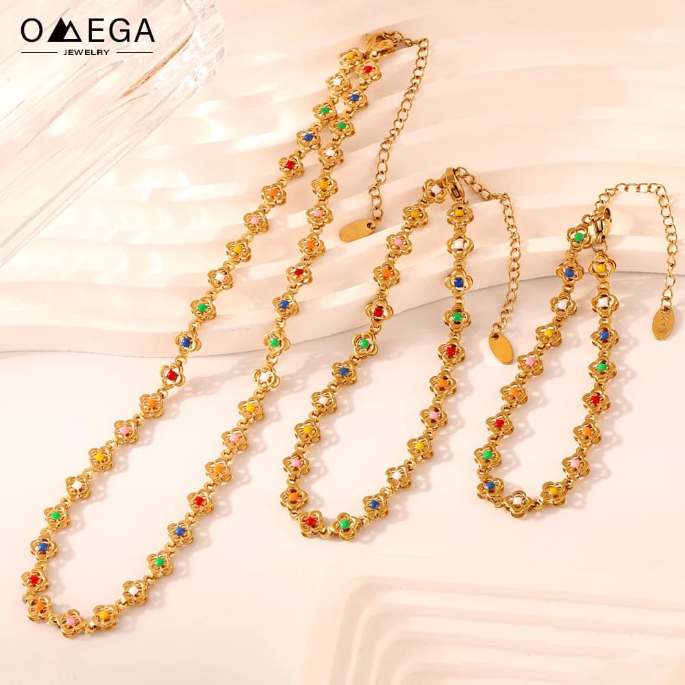Set di cavigliere con bracciale e collana in smalto colorato da donna Set di gioielli con collane in acciaio inossidabile placcato oro 18 carati per le donne