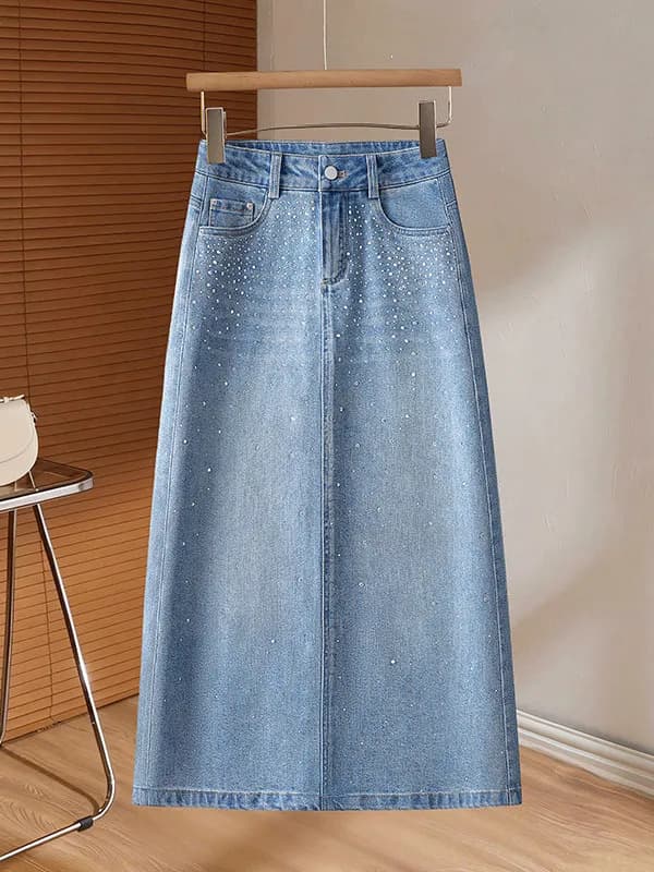 Gonna in denim a vita alta di media lunghezza da donna, nuova collezione primavera autunno, gonna slim con strass, jeans per ragazze adolescenti
