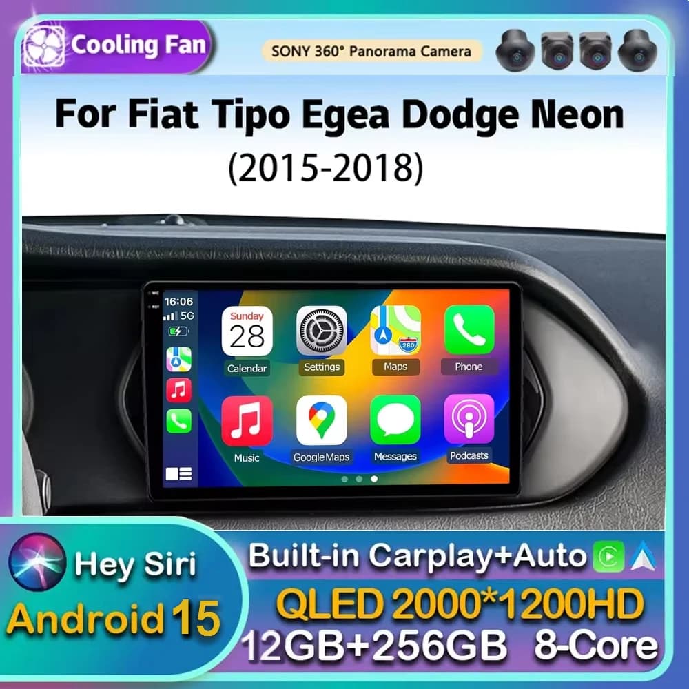 2K QLED Stereo Android 15 For Fiat Type Aegean Dodge Neon 2015-2018 Autoradio Video player Multimedia GPS 4G CarPlay