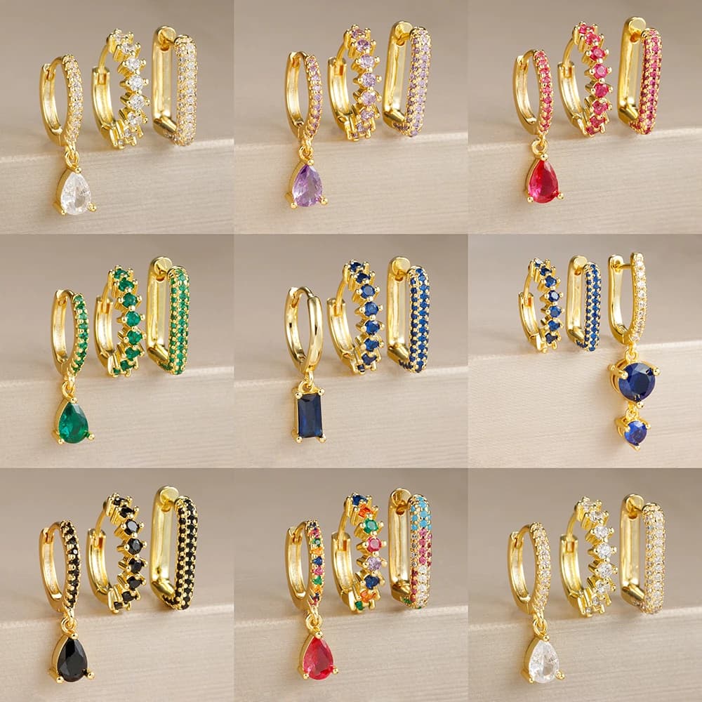 3 pezzi di orecchini pendenti con goccia d'acqua con zirconi cubici di moda per le donne, gioielli penetranti con orecchini a cerchio rotondi a forma di U in acciaio inossidabile