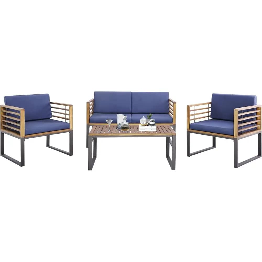 4 Piece Patio Chair Set, Acacia Wood Chair Set w/ 2 Chairs, 1 Loveseat & 1 Coee Table, Sot Seat & Back Cushions, Outdoor Wood ur