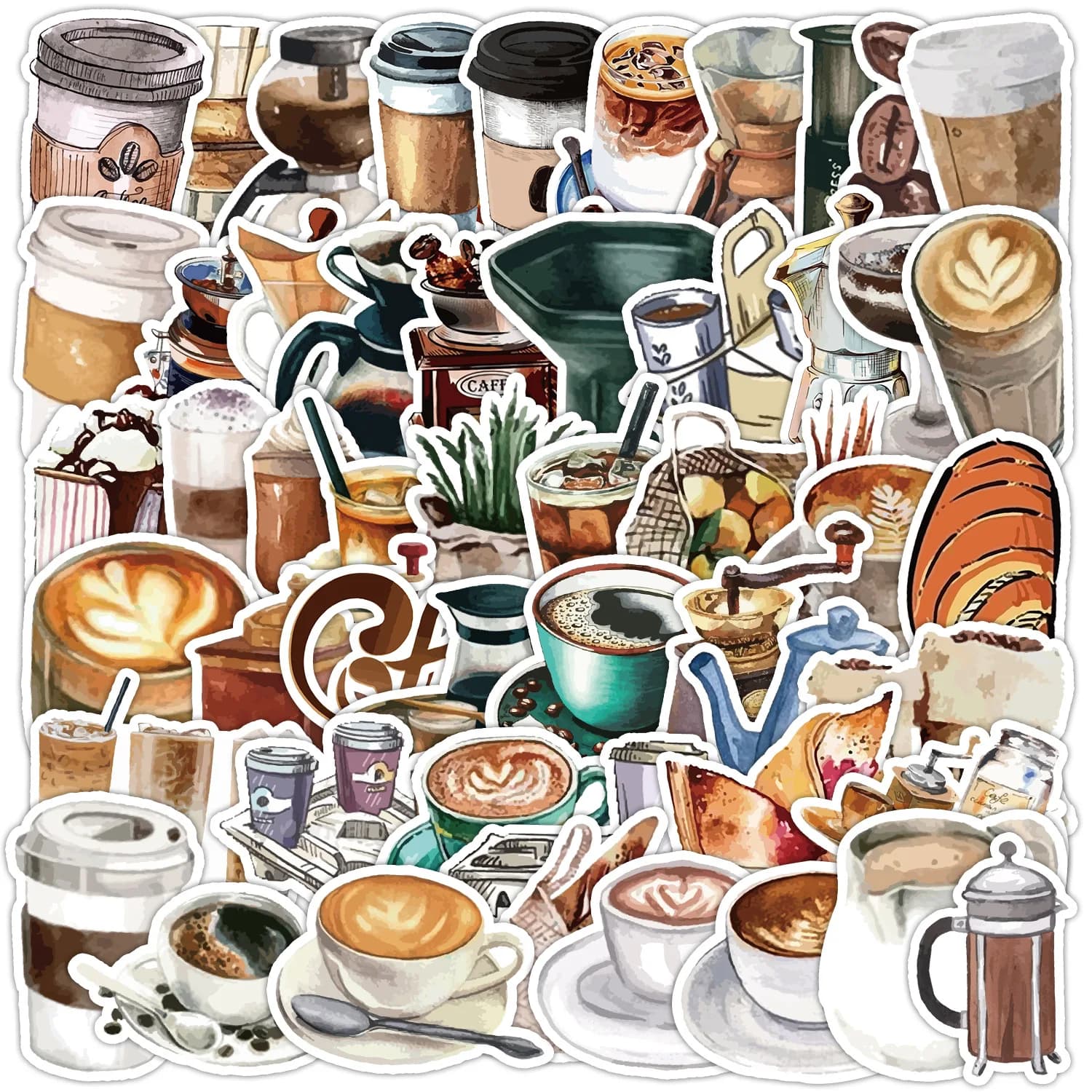 50 Adesivi Estetici a Tema Caffè per Cover Telefono, Laptop, Notebook, Valigie, Skateboard, Adesivi Fai-da-Te
